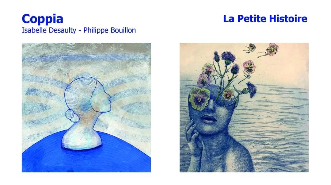 une Vénus bleue peinte sur un ancien carrelage par Philippe répond à une femme aux fleurs (« Émotions » ) gravée par Isabelle. 