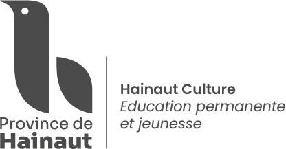 Le logo officiel de la Province de Hainaut (un oiseau stylis&eacute;) et les mentions Hainaut Culture et &Eacute;ducation permanente et Jeunesse. Le logo est en noir et blanc