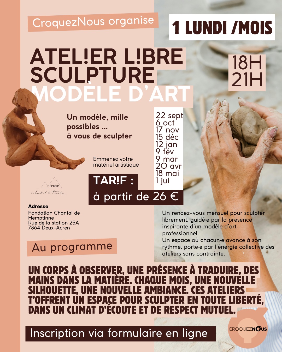 Atelier de modèle d'art à Deux-Acren - Une pose de sculpture