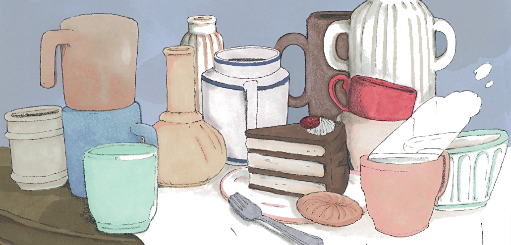 Dessin de ceramiques et d'un g&acirc;teau