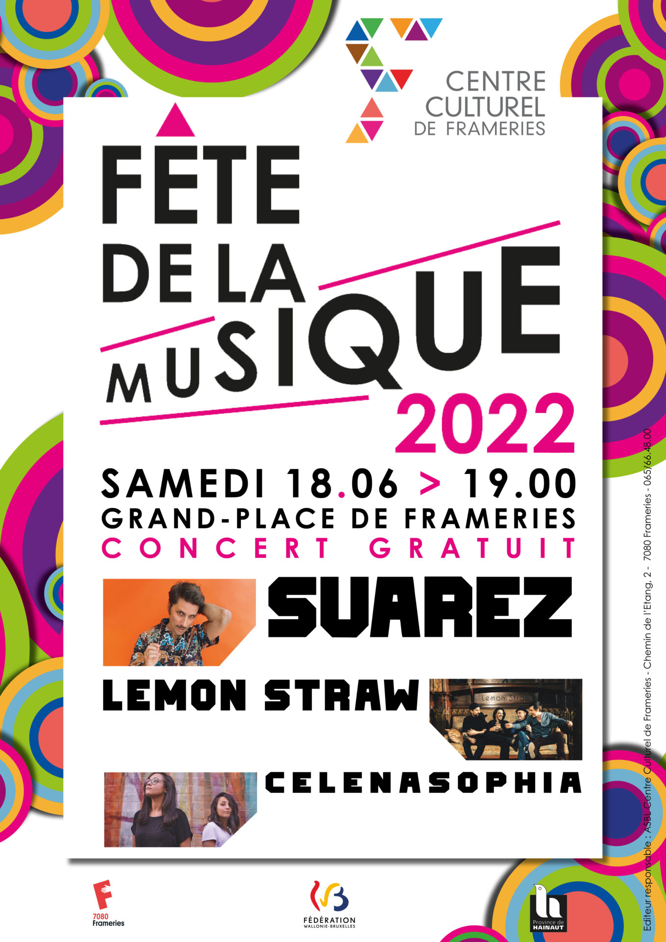 | Centre culturel de Frameries - Fête de la Musique le 18.06.22 dès 19h - Suarez / Lemon Straw / CélénaSophia