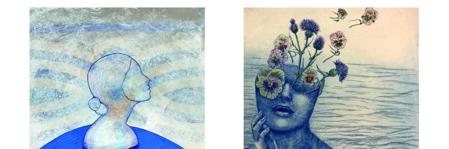 une Vénus bleue peinte sur un ancien carrelage par Philippe répond à une femme aux fleurs (« Émotions » ) gravée par Isabelle. 