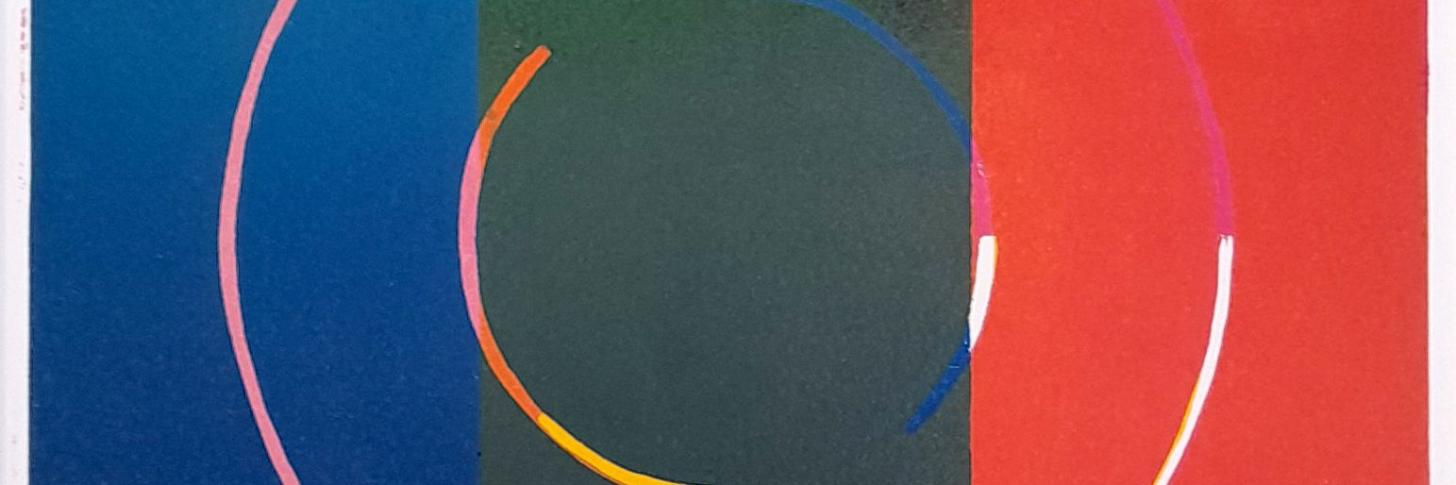 Tableau carré de H. Van den Putte, linogravure multicolore comprenant des cercles