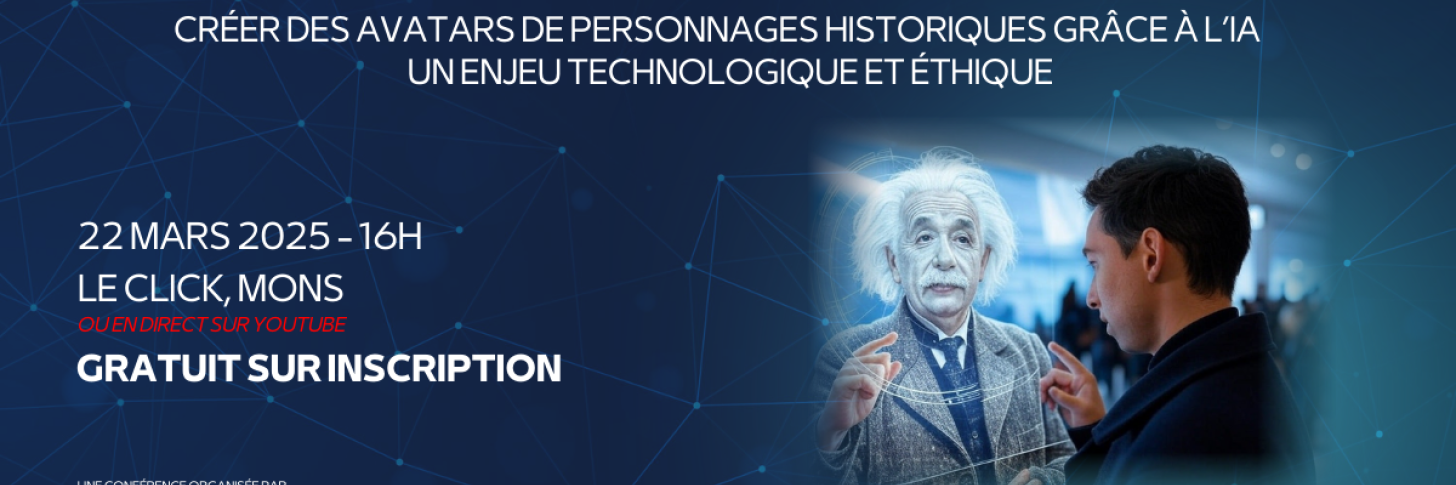 Affiche bleue avec les détails de l'événement et une image d'un homme conversant avec un avatar d'Einstein