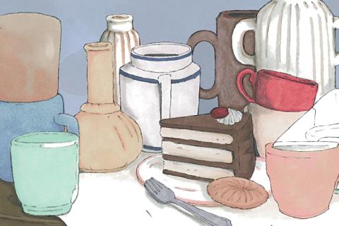 Dessin de ceramiques et d'un g&acirc;teau