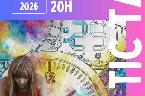 femme avec des horloges derri&egrave;re elle